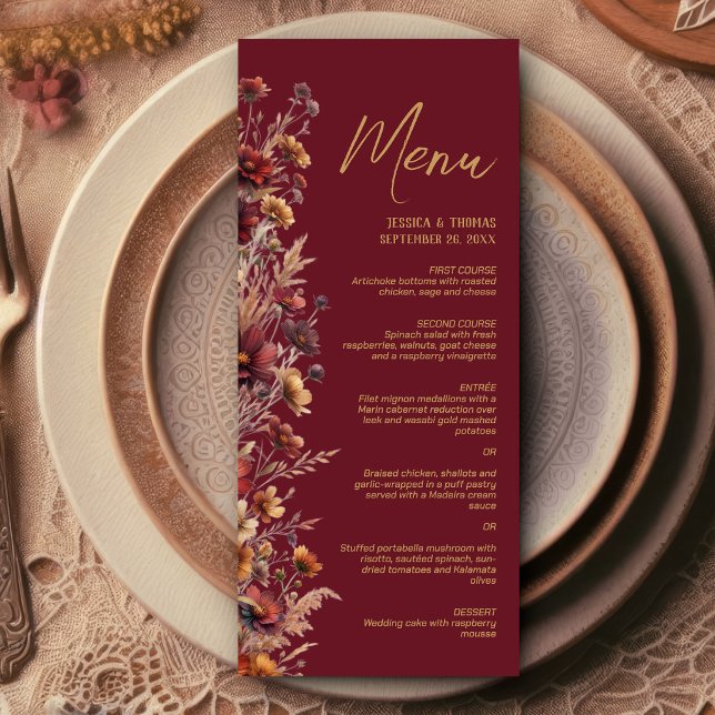 Menú Boda Elegante de Boho Chic de Borgoña con Flores S (Subido por el creador)