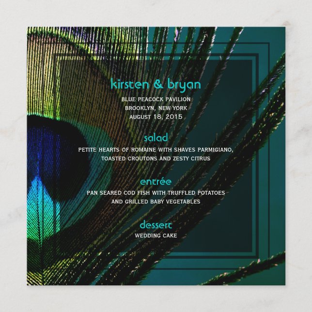 Menú Boda elegante de Boho del pavo real de la foto (Anverso)