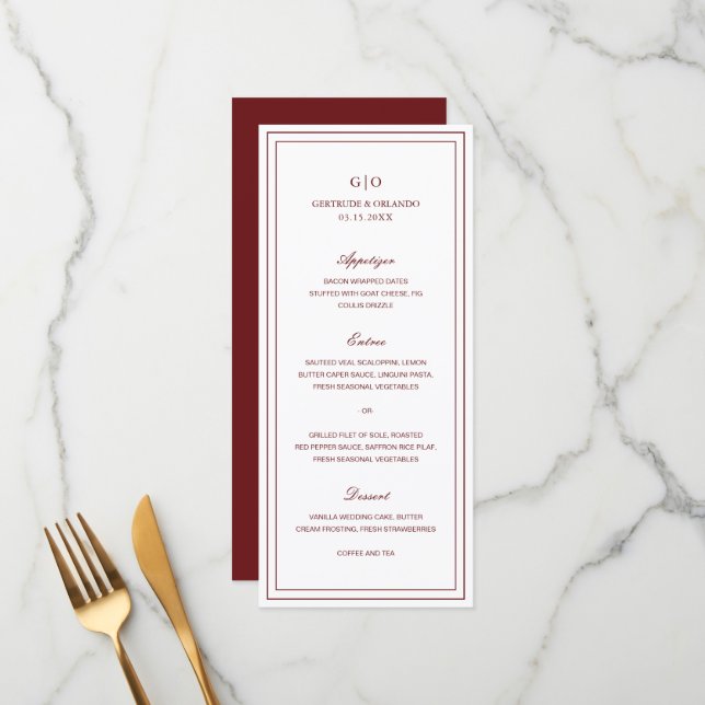 Menú Boda elegante de Borgoña clásica (Anverso/Reverso In Situ)