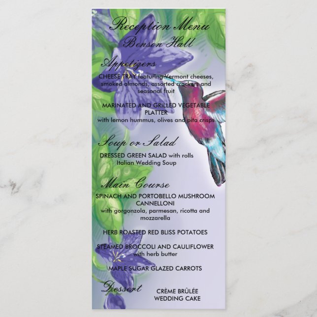 Menú boda elegante de colibrí morado (Anverso)