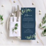 Menú Boda elegante de eucalipto azul marino moderno<br><div class="desc">Hermoso y delicado diseño de menú boda de eucalipto. Moderna y elegante colección de estilo rústico contemporáneo en tonos verde sabio,  negro,  azul marino y blanco. Ideal para bodas de primavera,  verano,  otoño,  otoño o invierno.</div>
