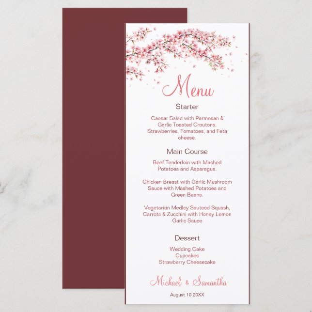 Menú Boda elegante de flor de cerezo (Anverso / Reverso)
