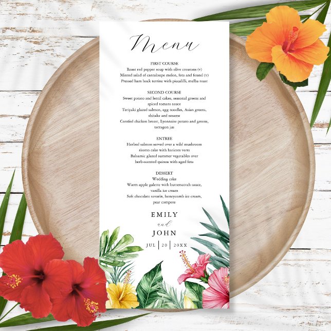 Menú Boda elegante de flores tropicales con acuarela (Elegant Watercolor Tropical Flowers Wedding Menu)