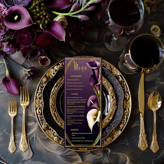 Menú Boda elegante de lirio de cala morado y dorado (Elegant Violet Purple and Gold Calla Lily Wedding Menu)