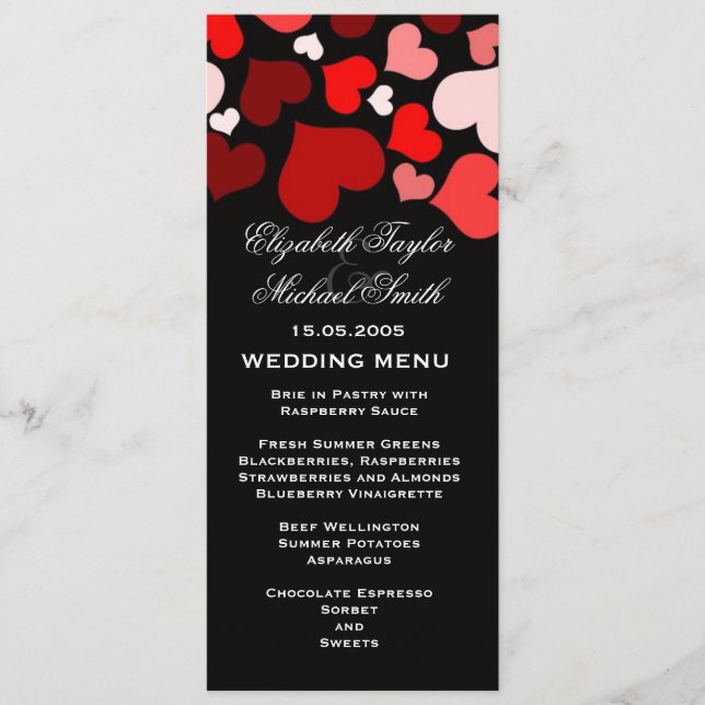Menú Boda Elegante de Lujo Corazón Negro/Rojo (Anverso)