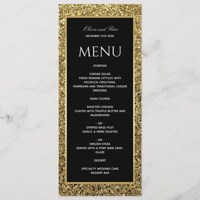 Menú Boda elegante de oro, negro y blanco (Anverso)