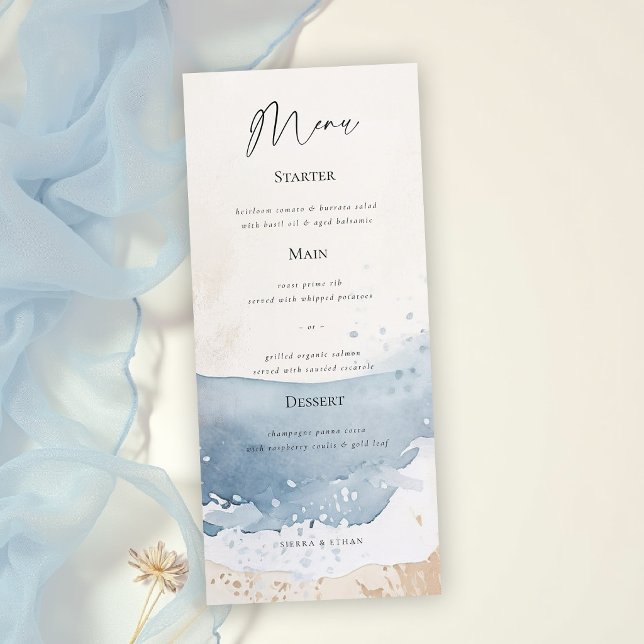 Menú Boda elegante de playa con olas de océano azul cos (coastal wedding stationery suite menu elegant blue beige sand water ocean boat yacht)