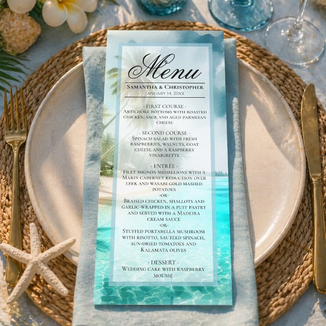 Menú Boda elegante de playa tropical acuarela costera (Subido por el creador)