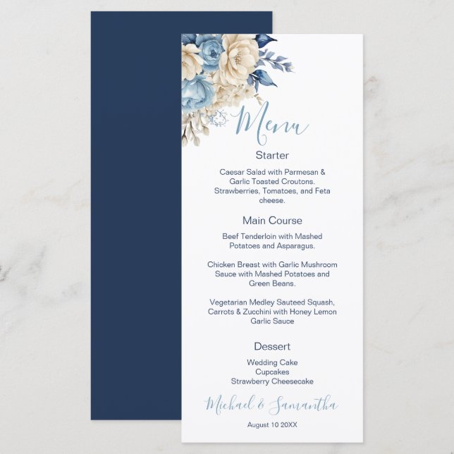 Menú Boda elegante de rosa azul y marfil (Anverso / Reverso)