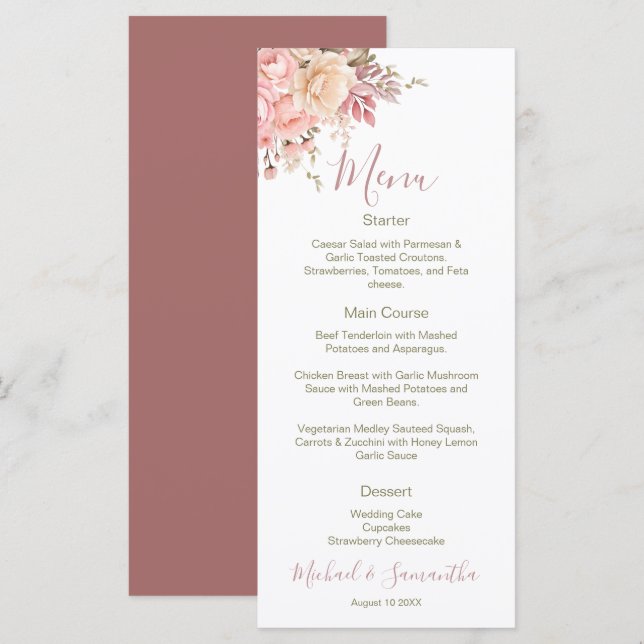 Menú Boda elegante de rosa rosa y marfil (Anverso / Reverso)