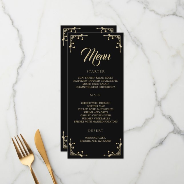 Menú boda Elegante Deco Oro Retro Negro (Anverso/Reverso In Situ)