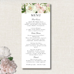 Menú Boda elegante en jardín de peonías blancas rosadas