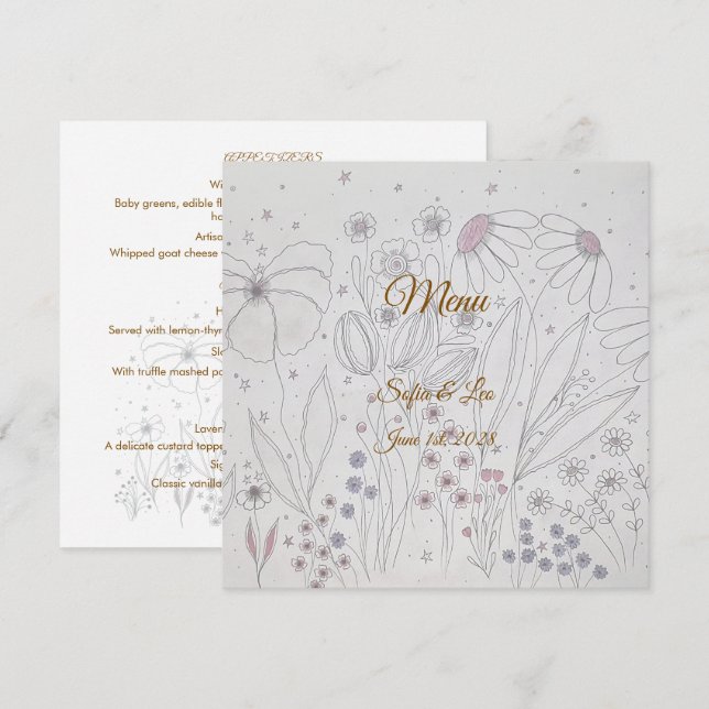 Menú Boda elegante en pradera de flores silvestres cuad (Anverso / Reverso)