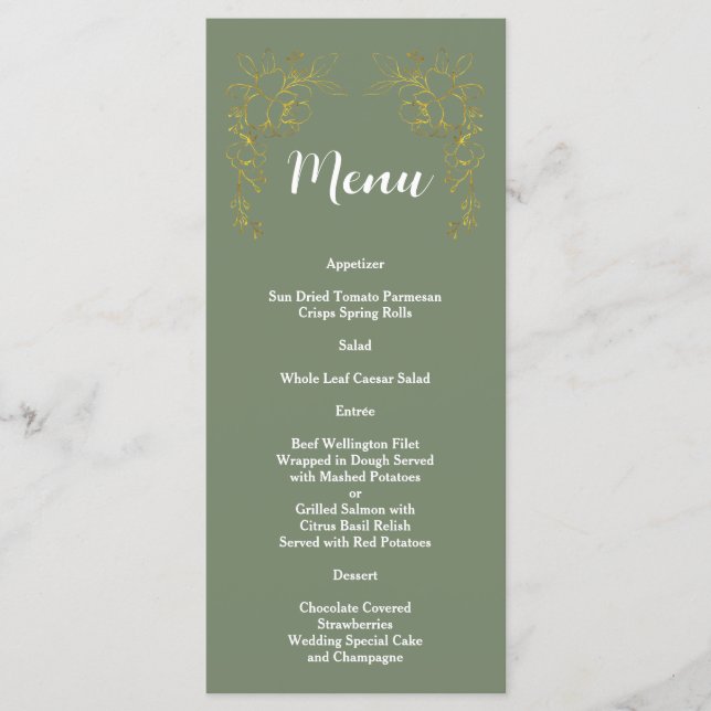 Menú Boda elegante floral dorada verde salvia  (Anverso)