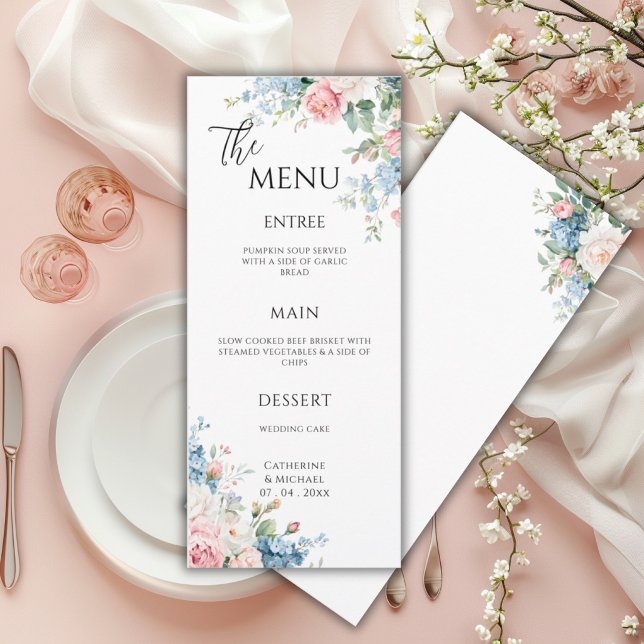 Menú Boda elegante floral rosa y azul (Subido por el creador)