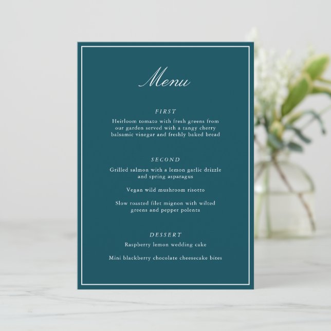 Menú Boda elegante formal clásica con borde en verde az (Anverso de pie)
