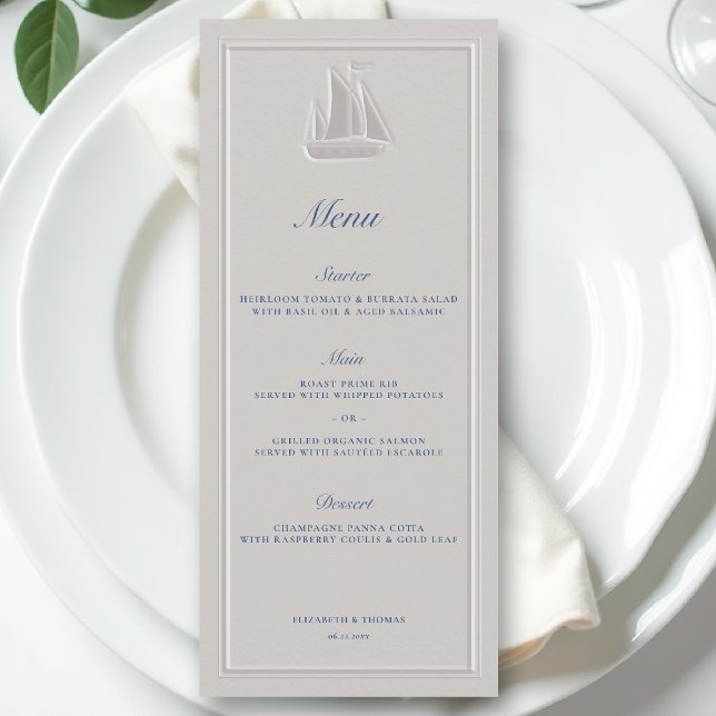 Menú Boda elegante formal de barco de vela náutico cost (coastal wedding menu nautical sailboat formal traditional double frame modern classic ivory )