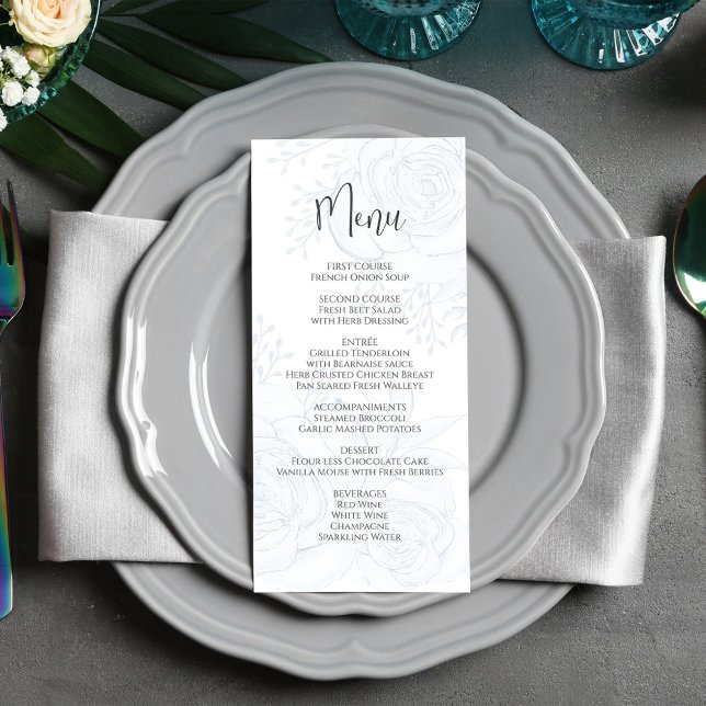 Menú boda Elegante Guión Floral Azul (Elegant blue floral menu card with calligraphy and simple block-style lettering. )