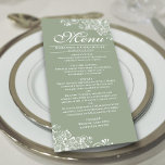 Menú Boda elegante Sage Green & White Frilly Corners<br><div class="desc">Este encantador menú de color verde sabio le dará un toque de estilo a la recepción de tu boda. Presenta un diseño sencillo y hermoso con elegantes letras de guión y adornos de rizos blancos decorativos y remolinos en las esquinas. Hay espacio para los nombres de la pareja y la...</div>