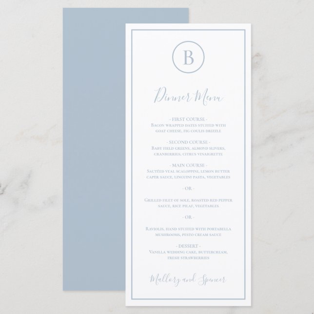 Menú Boda elegante tradicional de azul polvoriento (Anverso / Reverso)