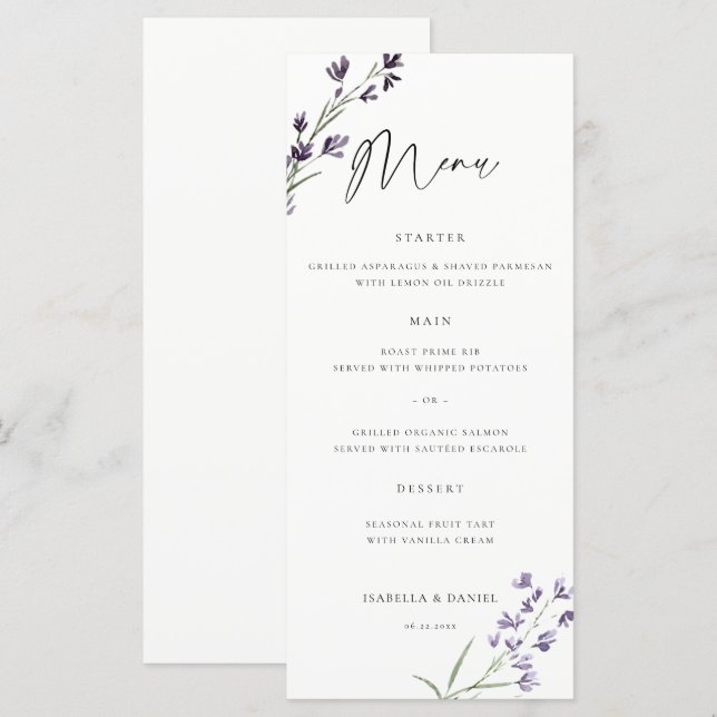 Menú Boda elegante y chic de acuarela delicada de lavan (Anverso / Reverso)
