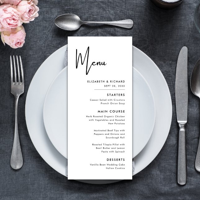 Menú Boda elegante y moderna en blanco y negro (Elegant modern black and white wedding menu adds style while guiding guests through your meal)