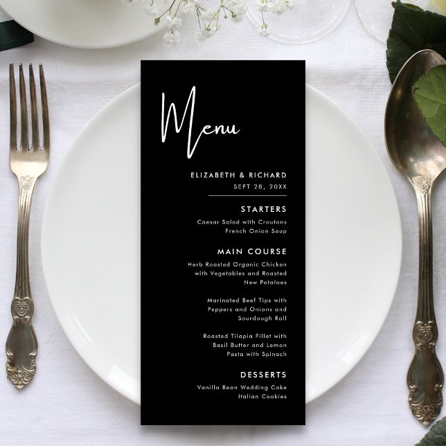 Menú Boda elegante y moderna en blanco y negro (Elegant modern black and white wedding menu adds timeless style while guiding your meal flow)