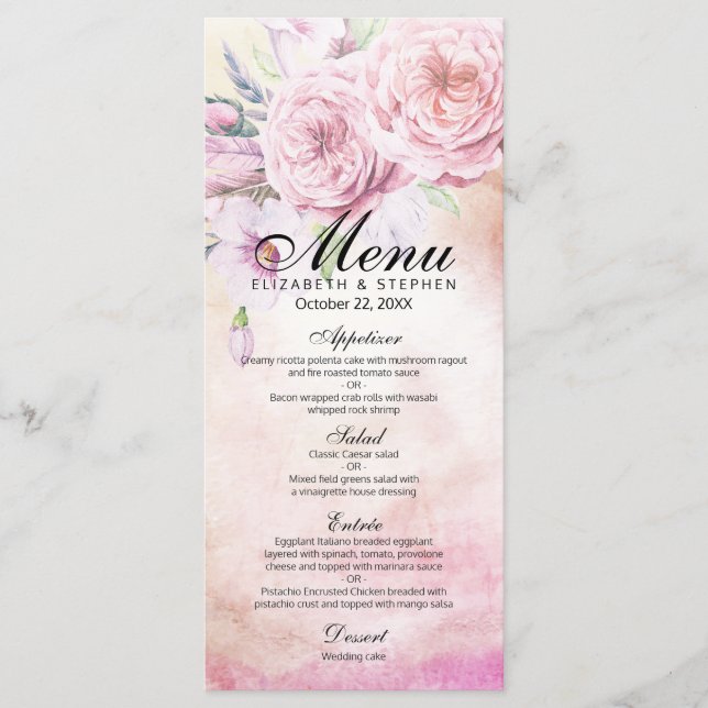 Menú boda Elegantes plumas acuáticas florales (Anverso)