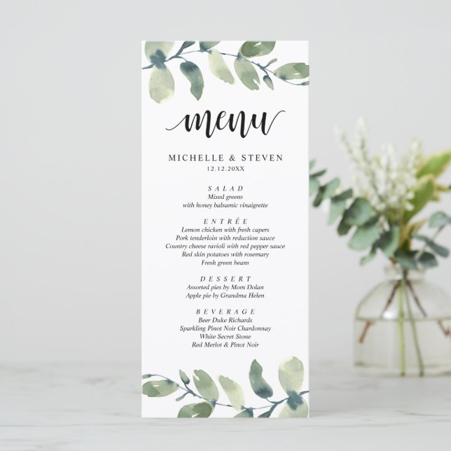 Menú Boda Elopement Cena Eucalyptus Greenery (Anverso de pie)
