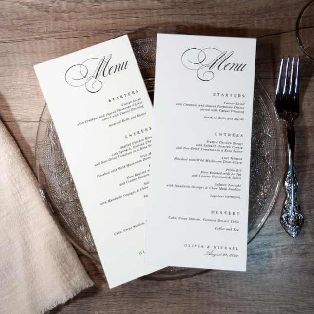 Menú Boda en blanco y negro con caligrafía elegante (Black and white elegant wedding menu with classic calligraphy and formal dinner layout)