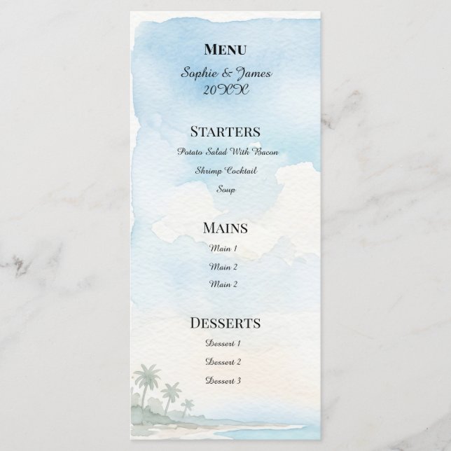 Menú Boda en Destino de Playa con Acuarela (Anverso)