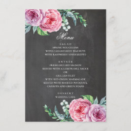 Menú Boda en pizarra. Flores rosadas de jardín boho