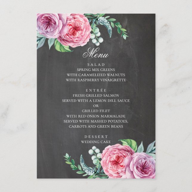 Menú Boda en pizarra. Flores rosadas de jardín boho (Anverso)