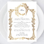 Menú Boda Escudo botánico Monograma de oro clásico<br><div class="desc">*NO ES UN RELIEVE METALIZADO REAL ___________________________ ***Este diseño es parte de una colección**** Experimenta el encanto de la elegancia atemporal con mi colección formal de bodas clásicas y elegantes monogramas tradicionales. Esta colección presenta diseños monogramados personalizados con una intrincada correa y marco trenzado, que encapsulan la esencia de un...</div>