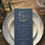 Menú boda escudo de motivos botánicos de oro marino clá<br><div class="desc">**Este diseño es parte de una suite y colección única; El color del texto y del papel es personalizable y no es Relieve metalizado real** - Esquema de color clásico: azul marino, blanco y oro para un aspecto refinado. - Embelleces florales y botánicos: ambiente romántico en el jardín. - Monograma...</div>
