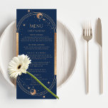Menú Boda espacial Mystical Blue Gold Sun Moon Stars<br><div class="desc">Las tarjetas Mystical Blue Gold Sun Moon Stars Space Boda Menu Cards cuentan con un sol dorado, luna y estrellas enmarcadas en un fondo azul con los detalles del menú en el centro en un guión moderno de caligrafía dorada. Personalice editando el texto en los cuadros de texto proporcionados. Diseñado...</div>