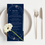 Menú Boda espacial Mystical Blue Silver Sun Moon Stars<br><div class="desc">Las tarjetas de menú del Boda espacial Mystical Blue Silver Sun Moon Stars cuentan con un marco plateado de sol, luna y estrellas en un fondo azul con los detalles de su menú en el centro en un guión moderno de caligrafía plateada. Personalice editando el texto en los cuadros de...</div>