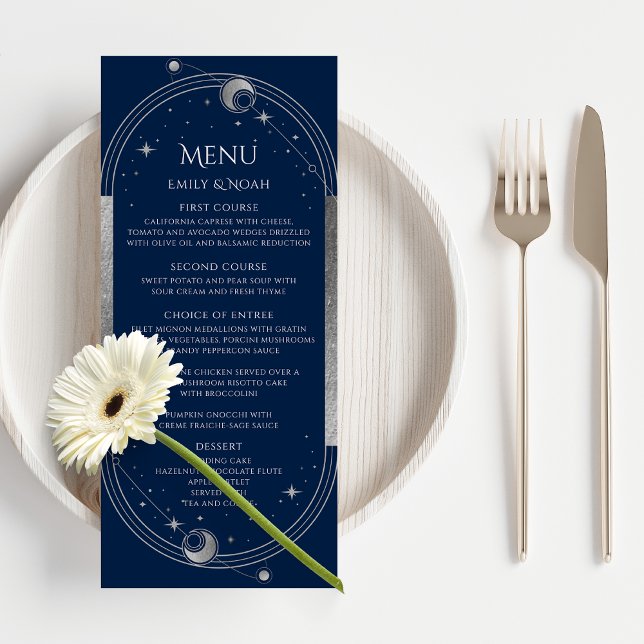 Menú Boda espacial Mystical Blue Silver Sun Moon Stars (Subido por el creador)