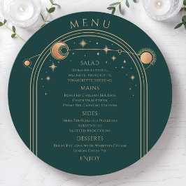 Menú Boda espacial Mystical Green Gold Sun Moon Stars
