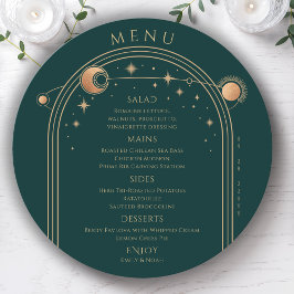 Menú Boda espacial Mystical Green Gold Sun Moon Stars