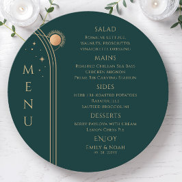 Menú Boda espacial Mystical Green Gold Sun Moon Stars