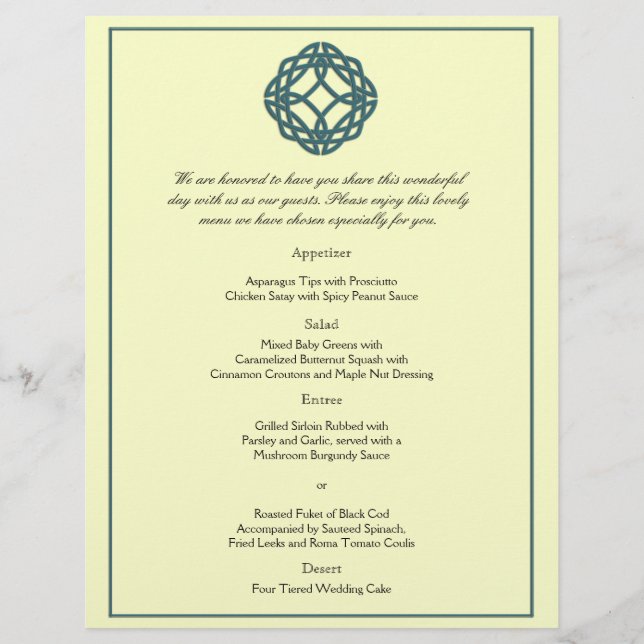 Menú Boda Eternity Knot verde azulado (Anverso)