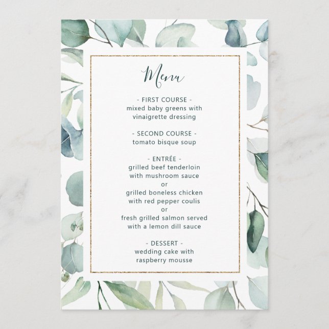 Menú Boda Ethereal Eucalyptus Gold Frame Greenery (Anverso)