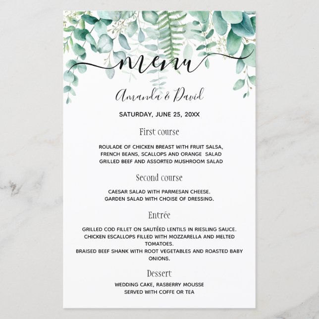 Menú boda eucalipto helechos de bosque de vegetaci (Anverso)