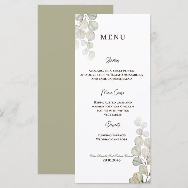 Menú Boda Eucalyptus de color agua (Anverso / Reverso)