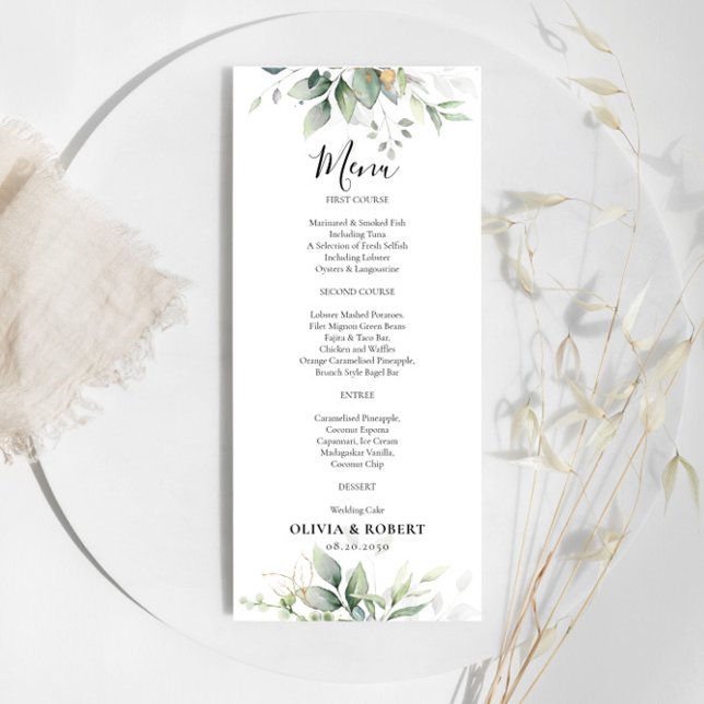 Menú Boda Eucalyptus Gold Floral Green (Subido por el creador)