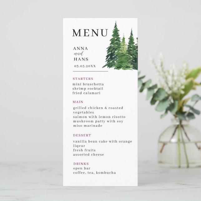 Menú Boda festivo de árbol de navidad acuarela (Anverso de pie)