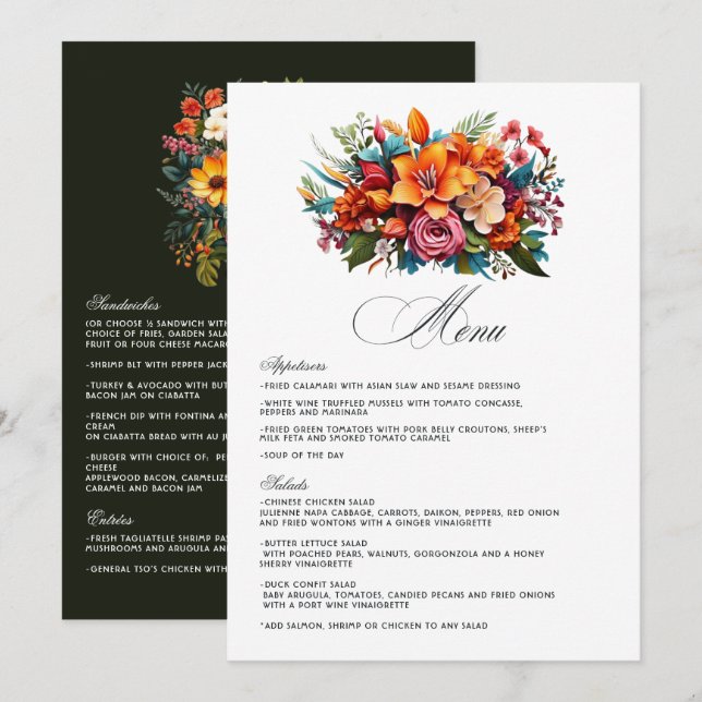 Menú Boda Fiesta Floral Acuarela Vibrante (Anverso / Reverso)