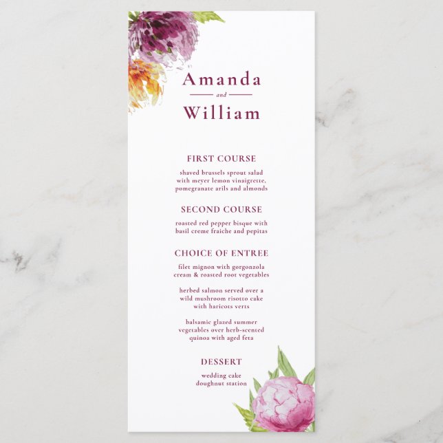 Menú Boda floral acuarela (Anverso)