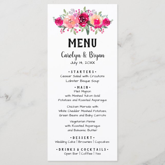 Menú Boda floral acuarela (Anverso)